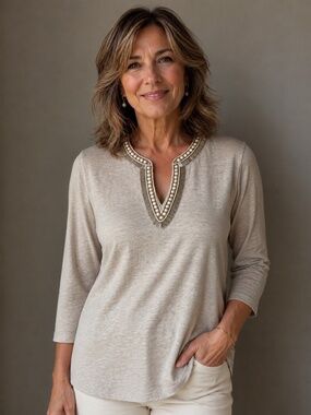 Chico's Linen Embellished tunic top, size 2, 3/4 sleeve